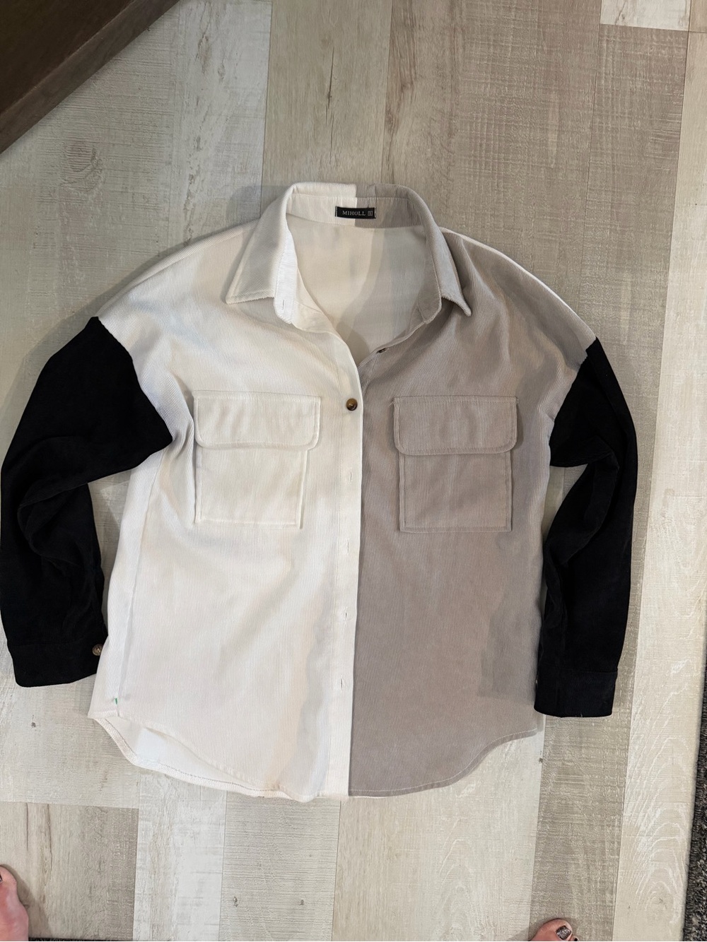 Colorblock Casual Button-Down Shirt - White, Gray & Black